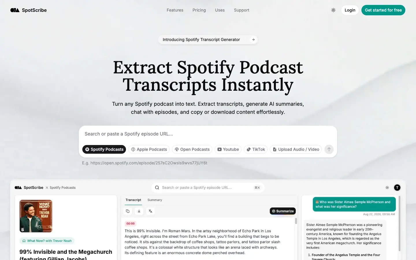Extract Spotify Podcast Transcripts Instantly website preview